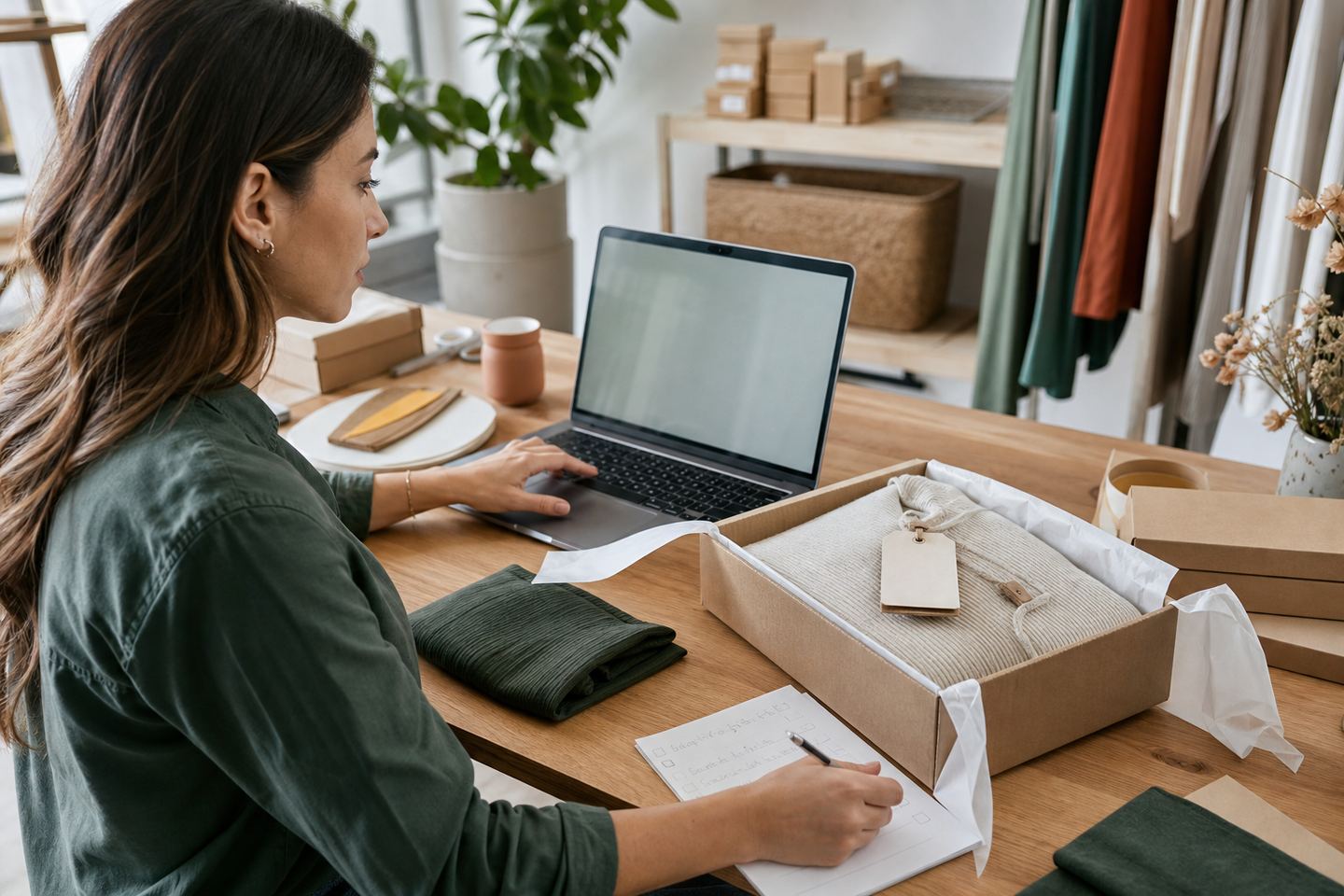 Shop-Managerin prüft Produktdaten, Verpackung und Checkliste an einem hellen Arbeitsplatz