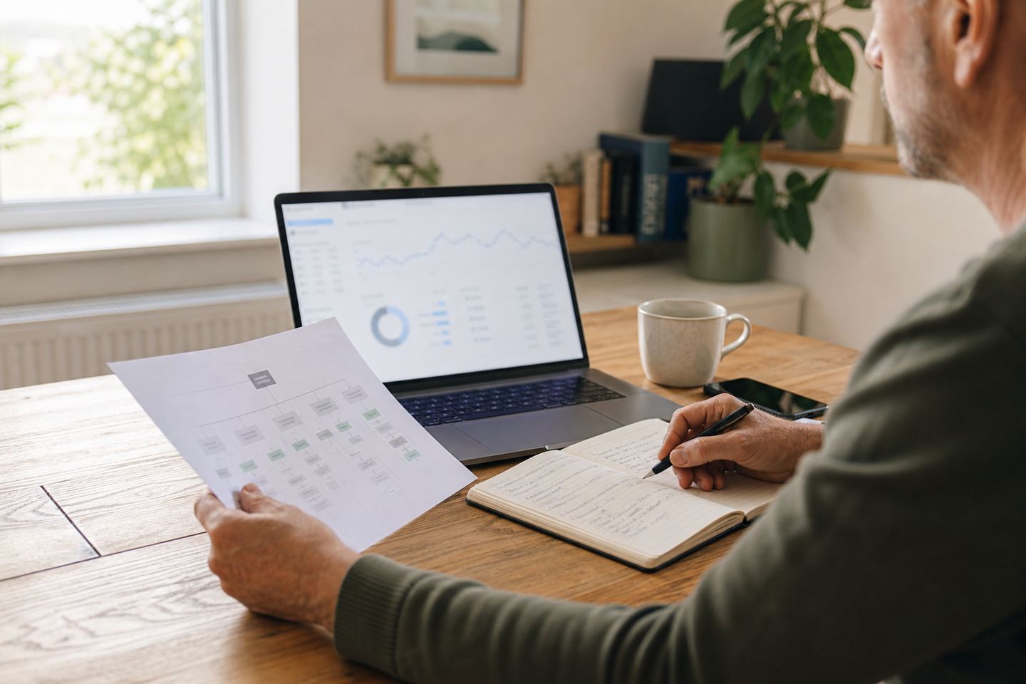 Digitalberater prüft Website-Daten, Seitenplan und Notizen an einem hellen Arbeitsplatz