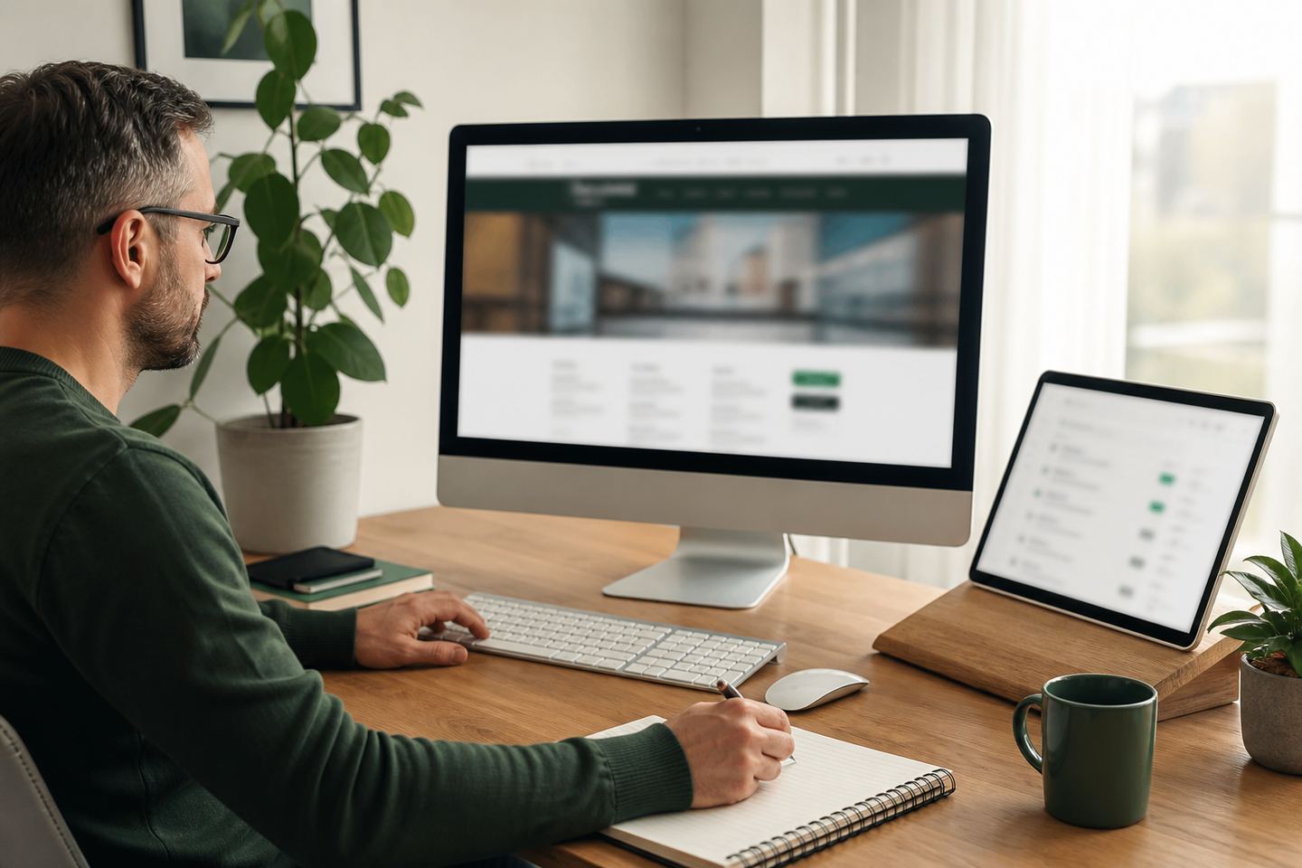 Webadministrator prüft Website und technische Aufgaben an einem modernen Arbeitsplatz